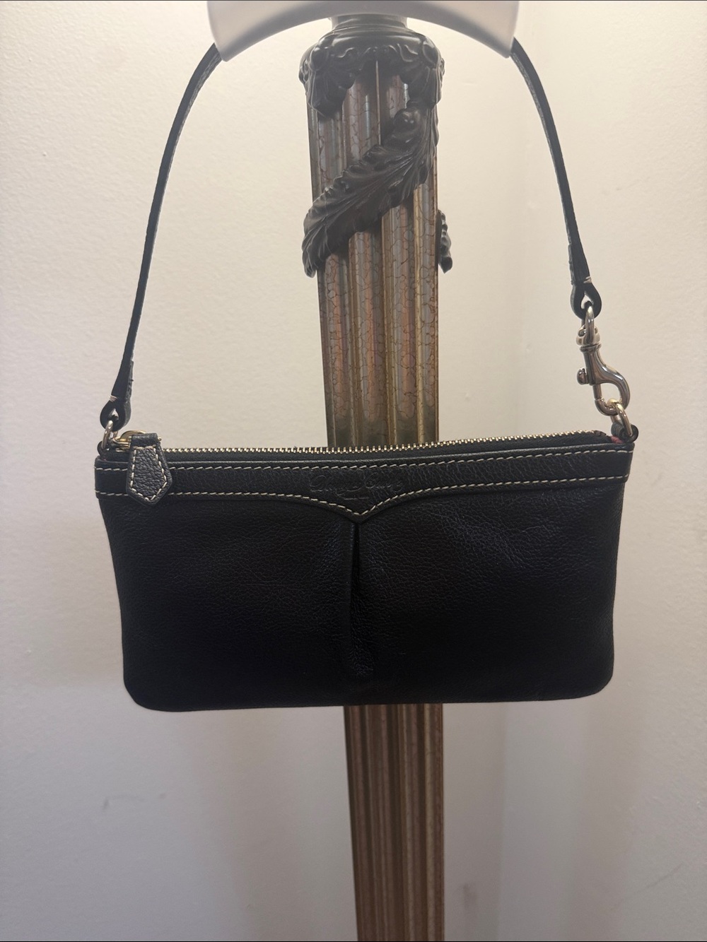 Dooney and Burke Black Leather Wristlet Clutch with Contrast Stitching